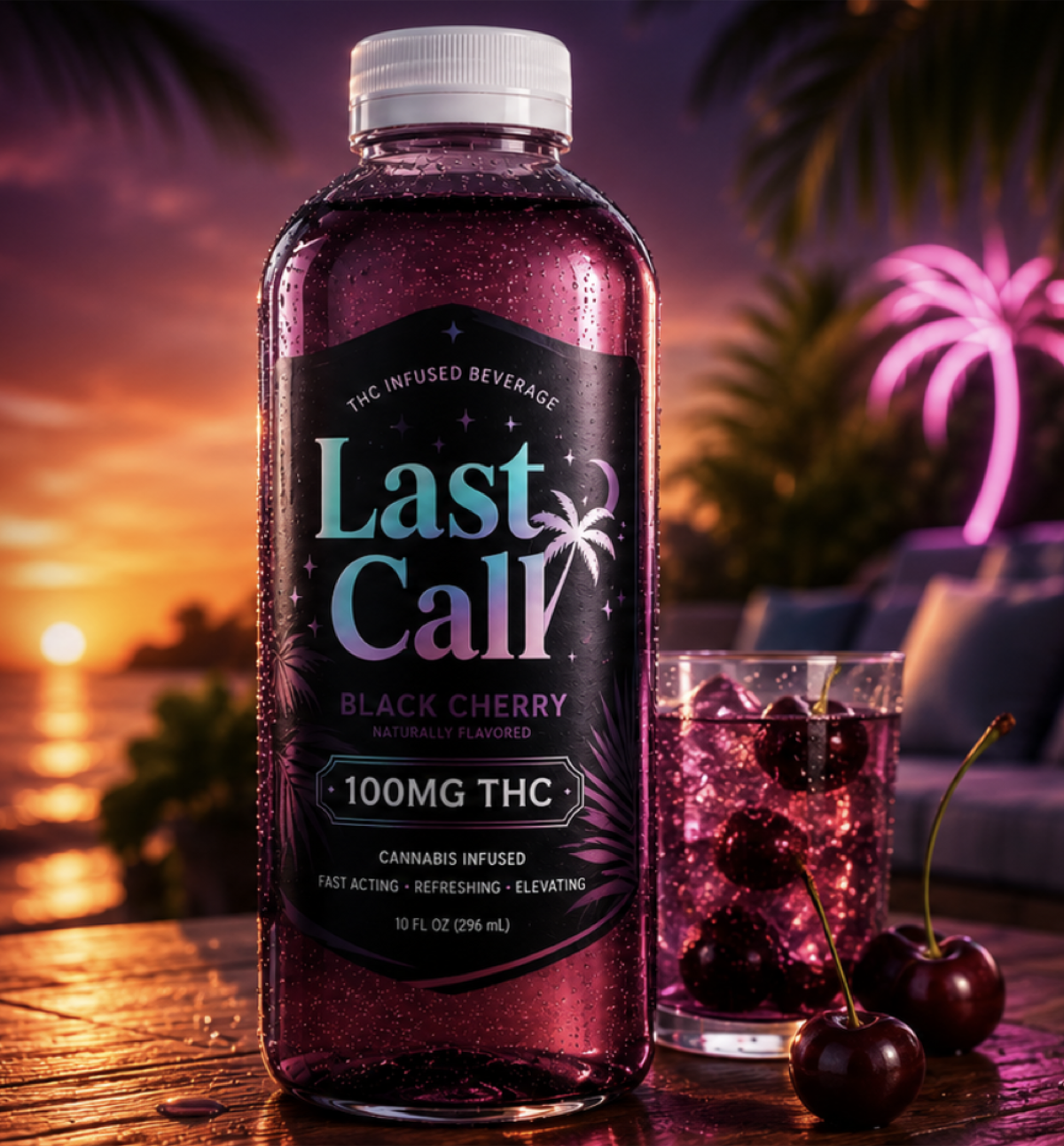 Last Call Black Cherry 100MG THC infused beverage on a beach at sunset