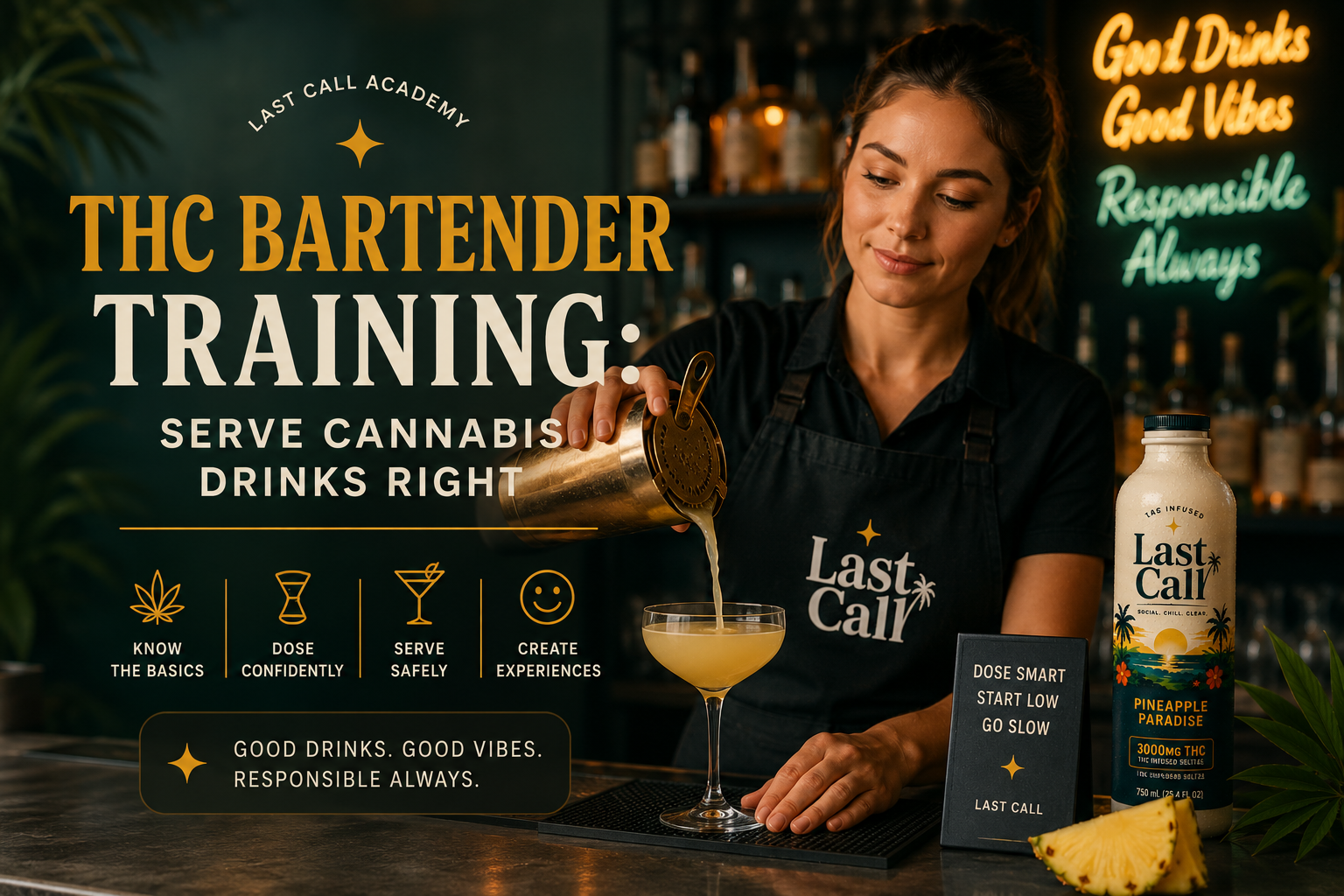 Bartender serving cannabis drinks the right way — dosing, age verification, and responsible service