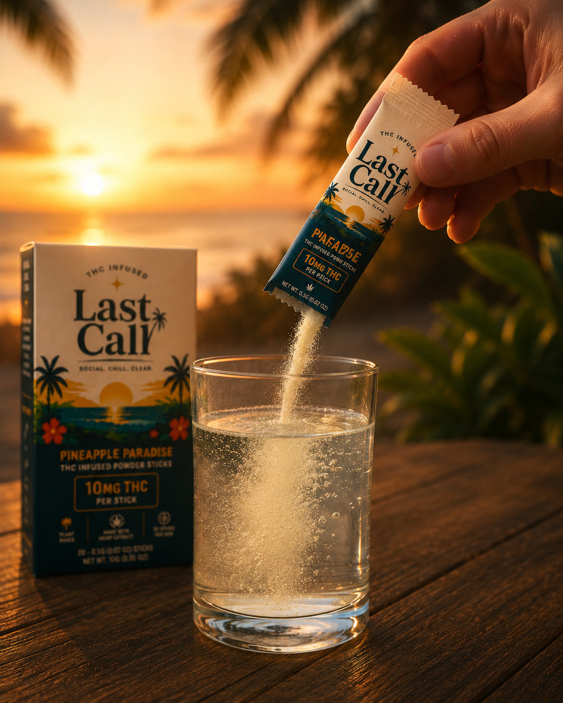 Last Call THC-infused drinks paired with grilled shrimp, BBQ ribs, and salad at an outdoor table